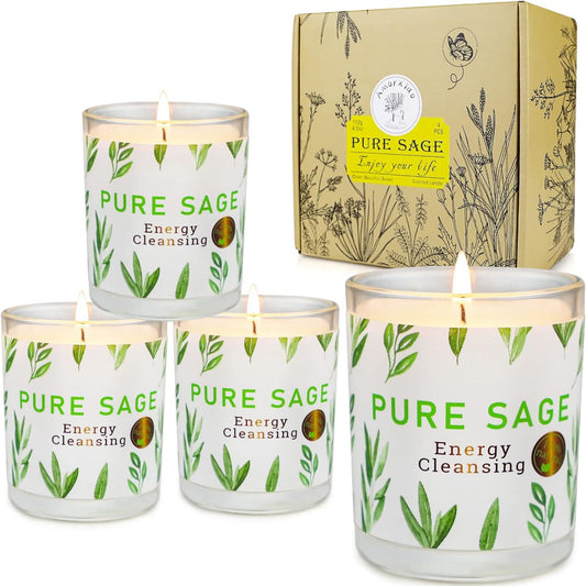 WOWMTN Gift Box Pure Sage Smudge Candles - Set of 4 for House Energy Cleansing, Aromatherapy, Meditation, and Banishing Negative Energy - Natural Soy Wax and Essential Oils in 3.5-oz Glass Holders