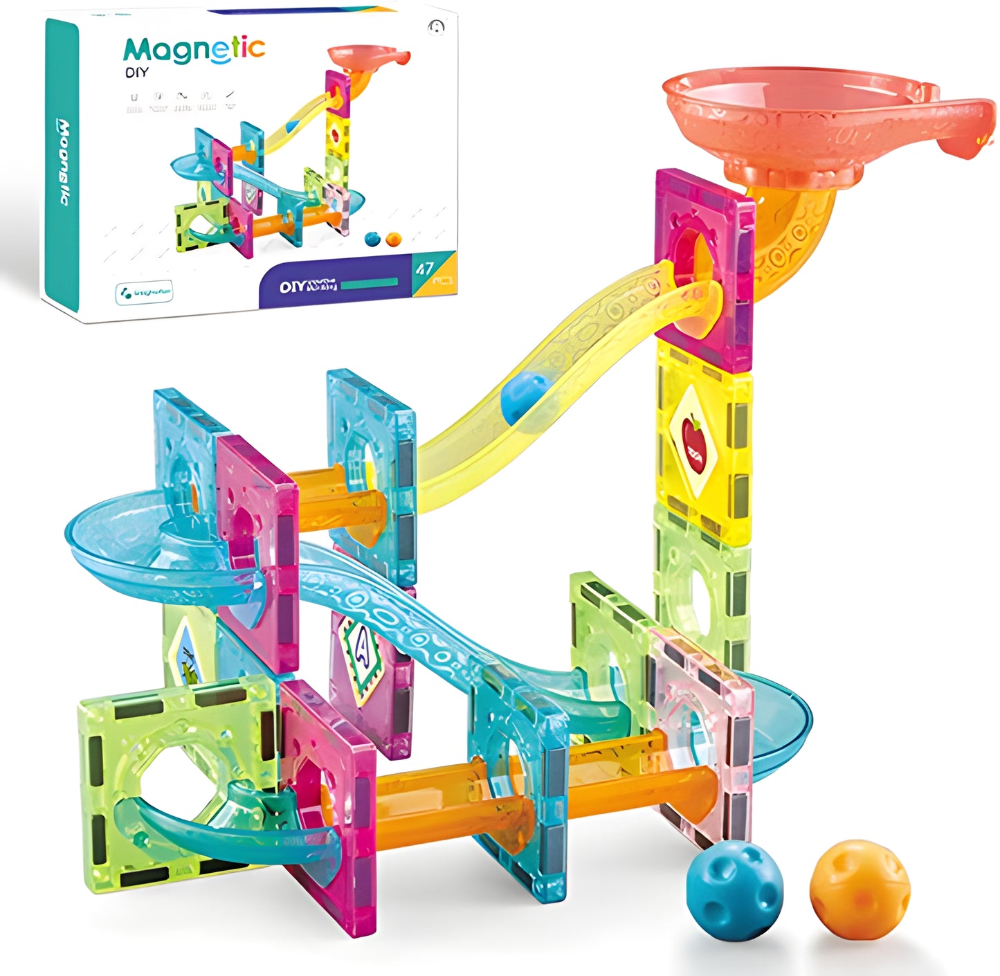 (2 Sets) Magnetic Building Blocks 47 PCS Educational Construction Playset Marble Run