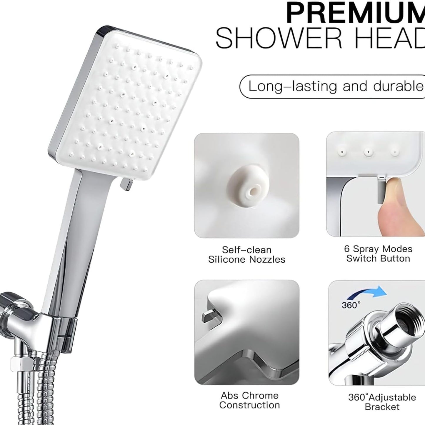 High Pressure Shower Head with Handheld 6 Settings Detachable shower head with hose Chrome