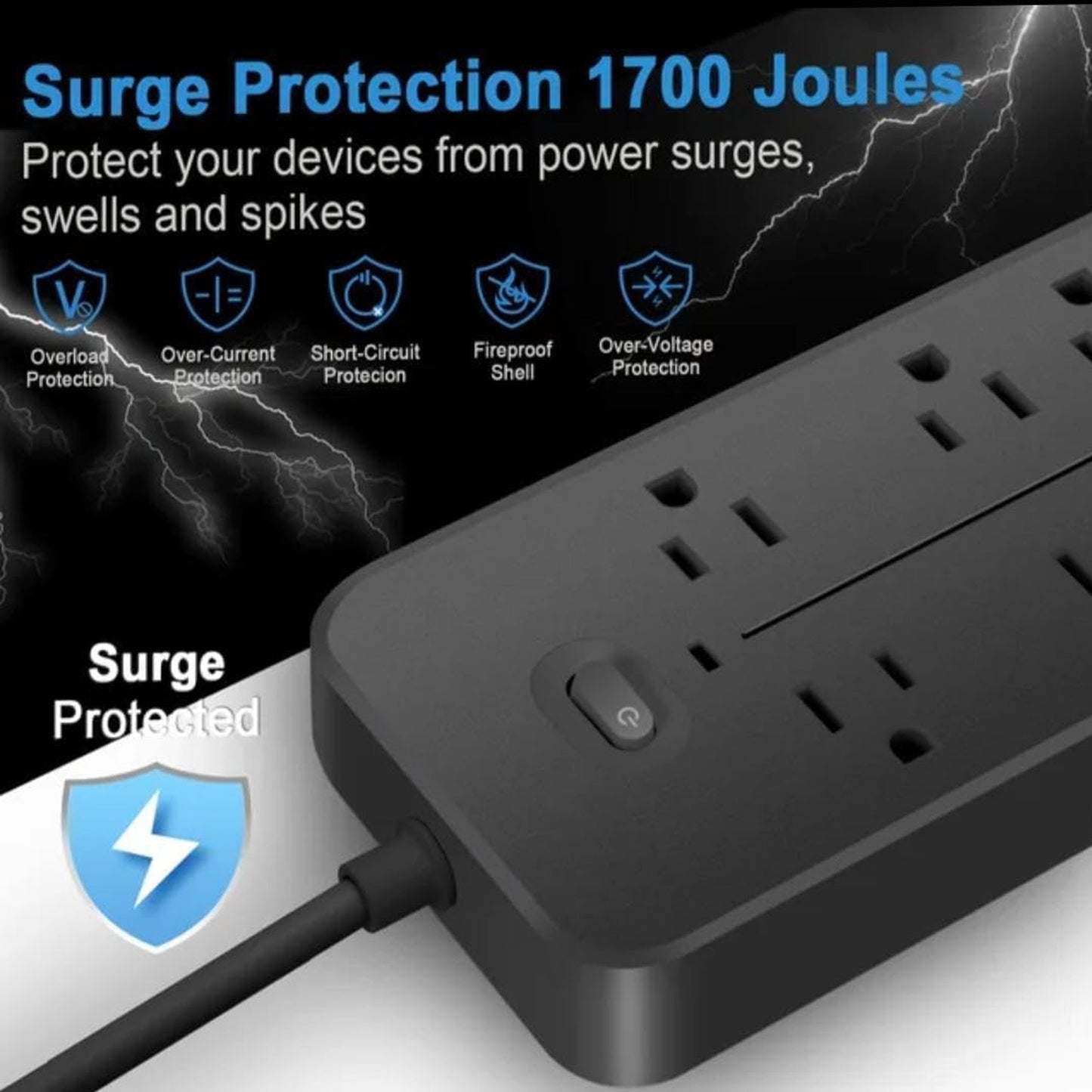 WOWMTN Power Strip Surge Protector Plug with 6 AC Outlets + 4 USB