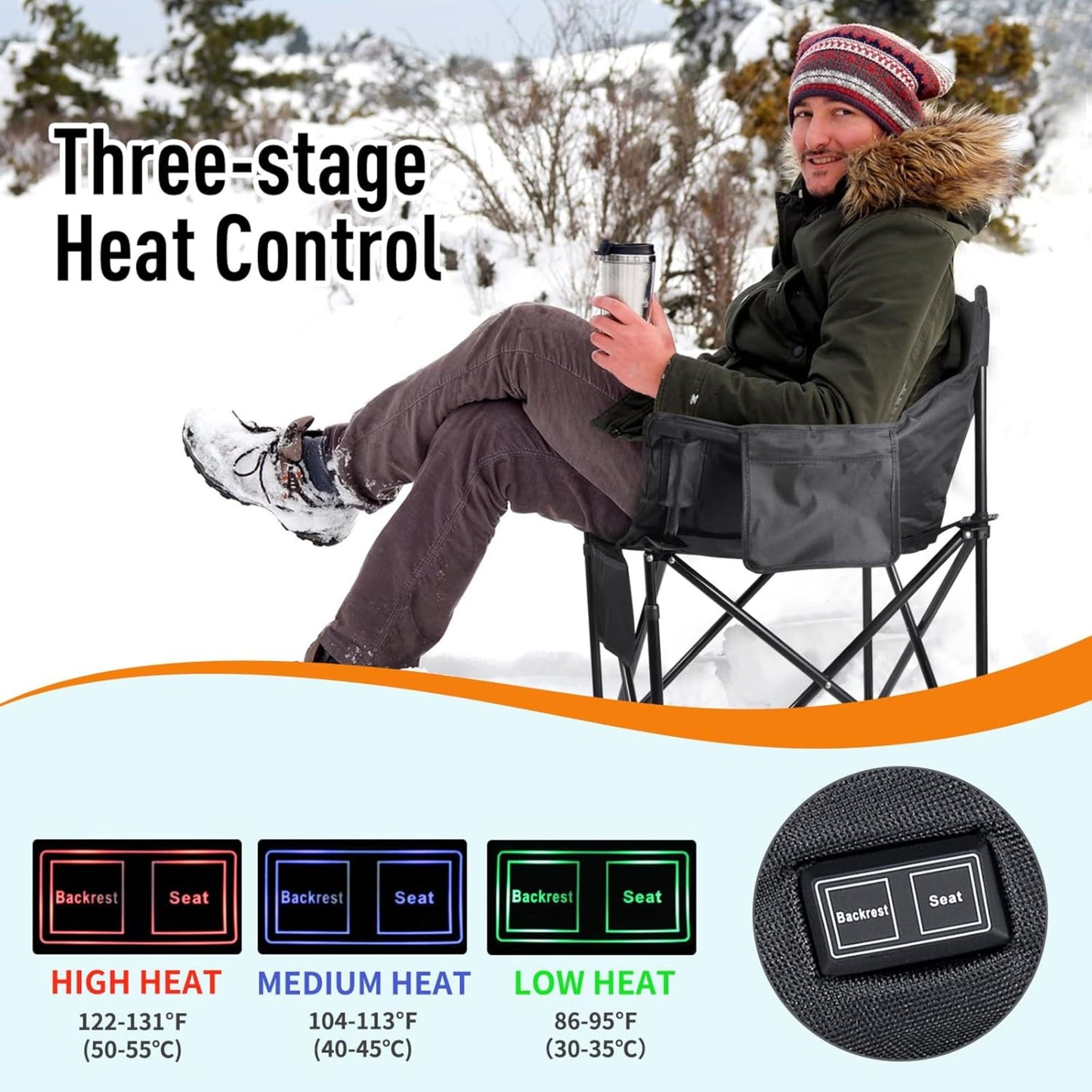 Oversized Heated Camping Chair with Battery Pack 3 Heat Levels Supports 500 lbs with Cup Holder