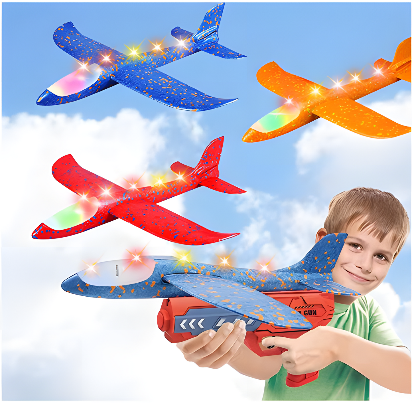 Airplane Launcher Toy 12.6" Foam Glider Led Plane, 2 Flight Mode, 3 planes Flying Toys