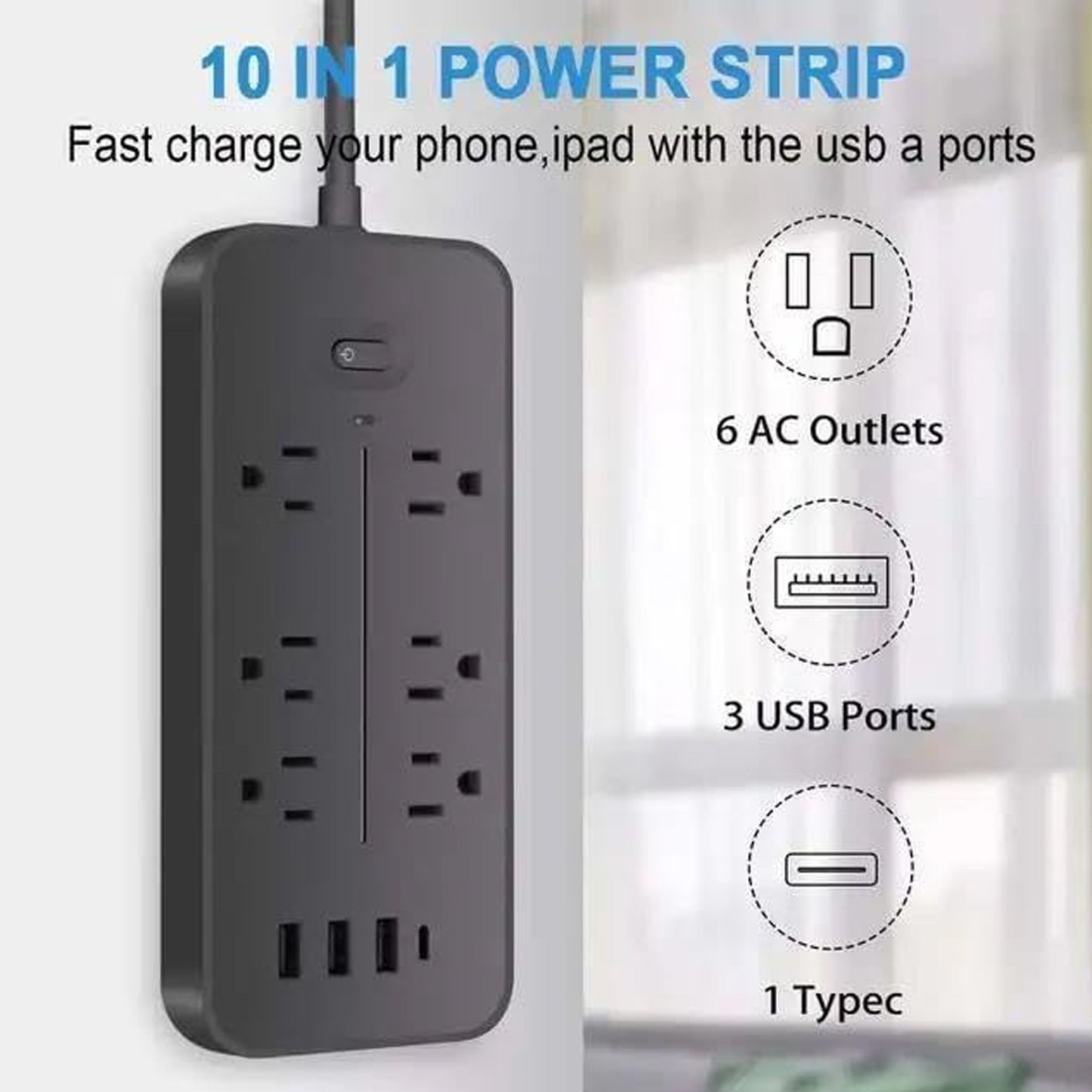 WOWMTN Power Strip Surge Protector Plug with 6 AC Outlets + 4 USB