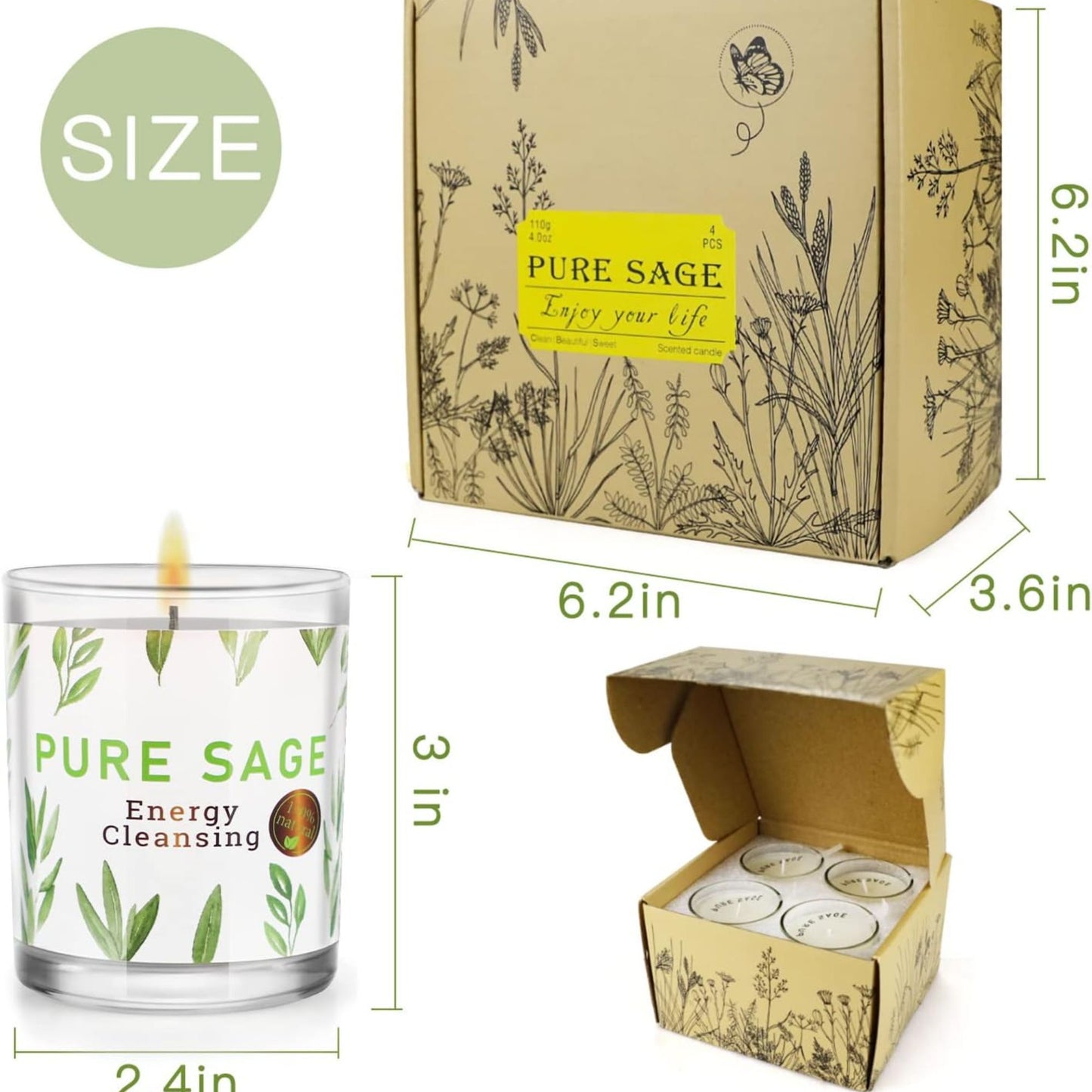 4 Pack Sage Candles for Cleansing House Negative Energy Soy Wax Sage Candles