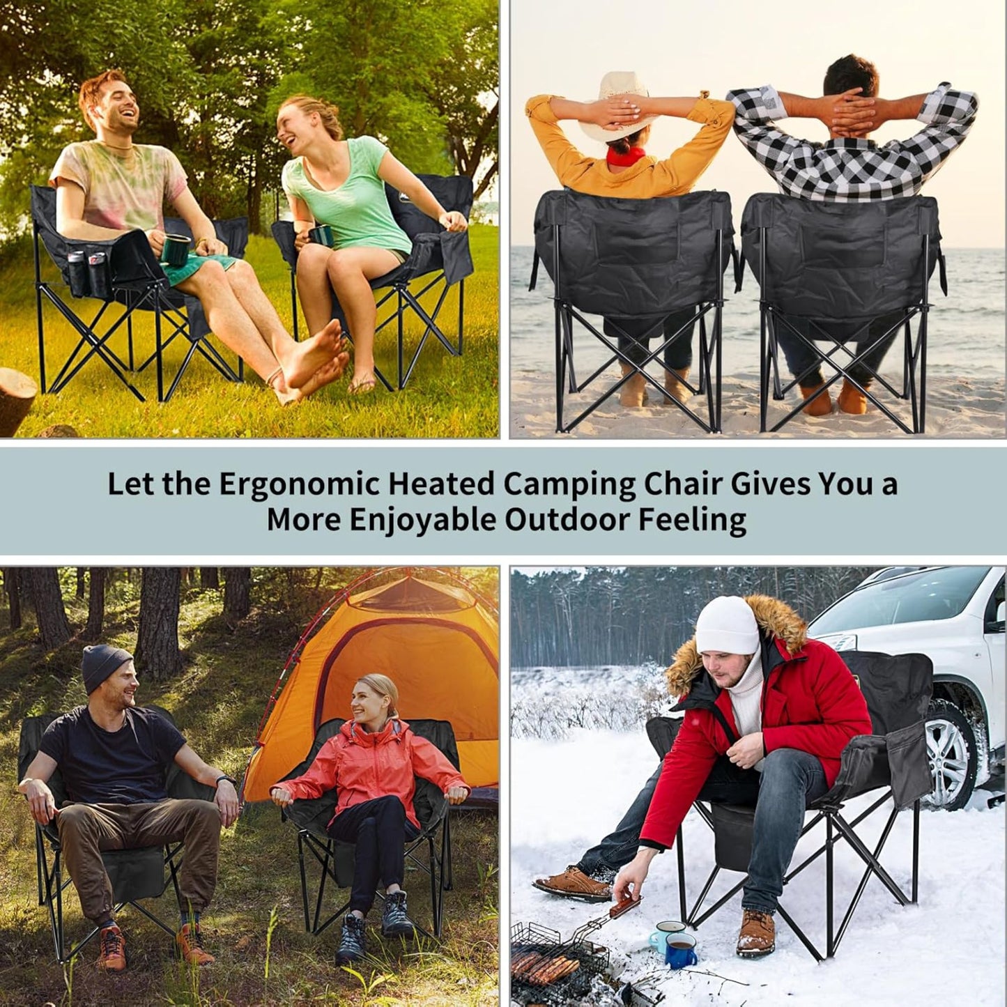 Oversized Heated Camping Chair with Battery Pack 3 Heat Levels Supports 500 lbs with Cup Holder