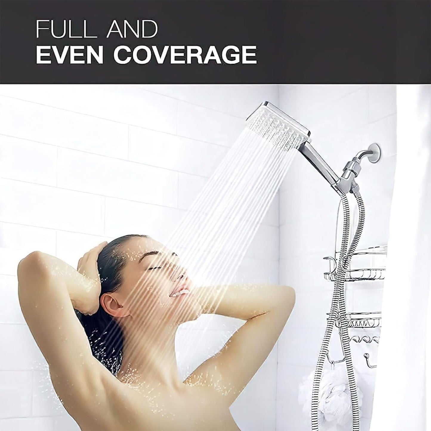 High Pressure Shower Head with Handheld 6 Settings Detachable shower head with hose Chrome