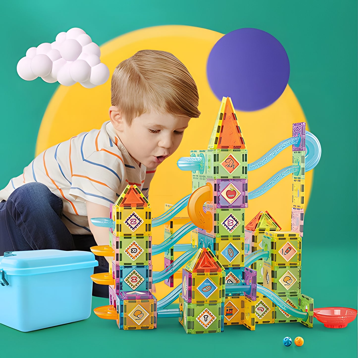 (2 Sets) Magnetic Building Blocks 47 PCS Educational Construction Playset Marble Run