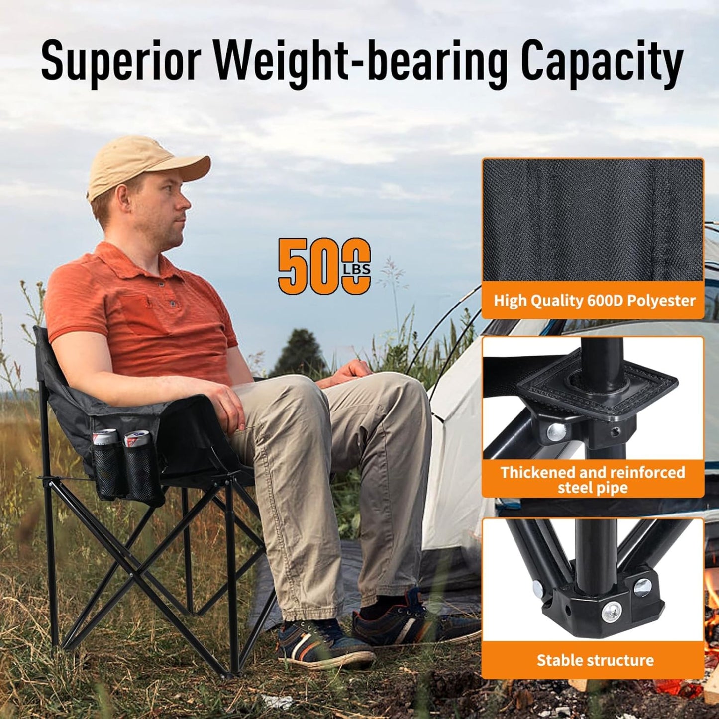 Oversized Heated Camping Chair with Battery Pack 3 Heat Levels Supports 500 lbs with Cup Holder