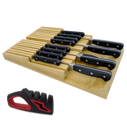 WOWMTN In-Drawer Bamboo Knife Storage with Optional Sharpener