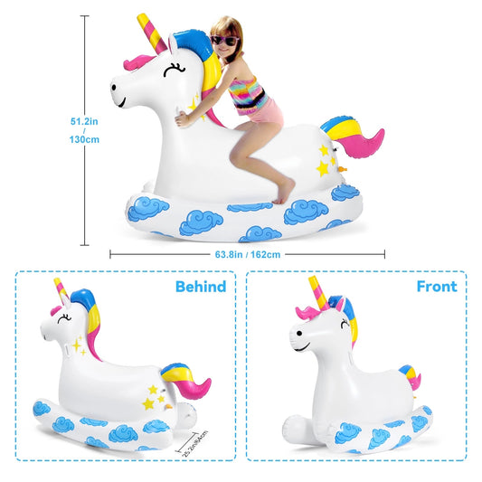 WOWMTN 2-in-1 Giant Unicorn Pool Float Ride-On with Garden Hose Water Sprinkler