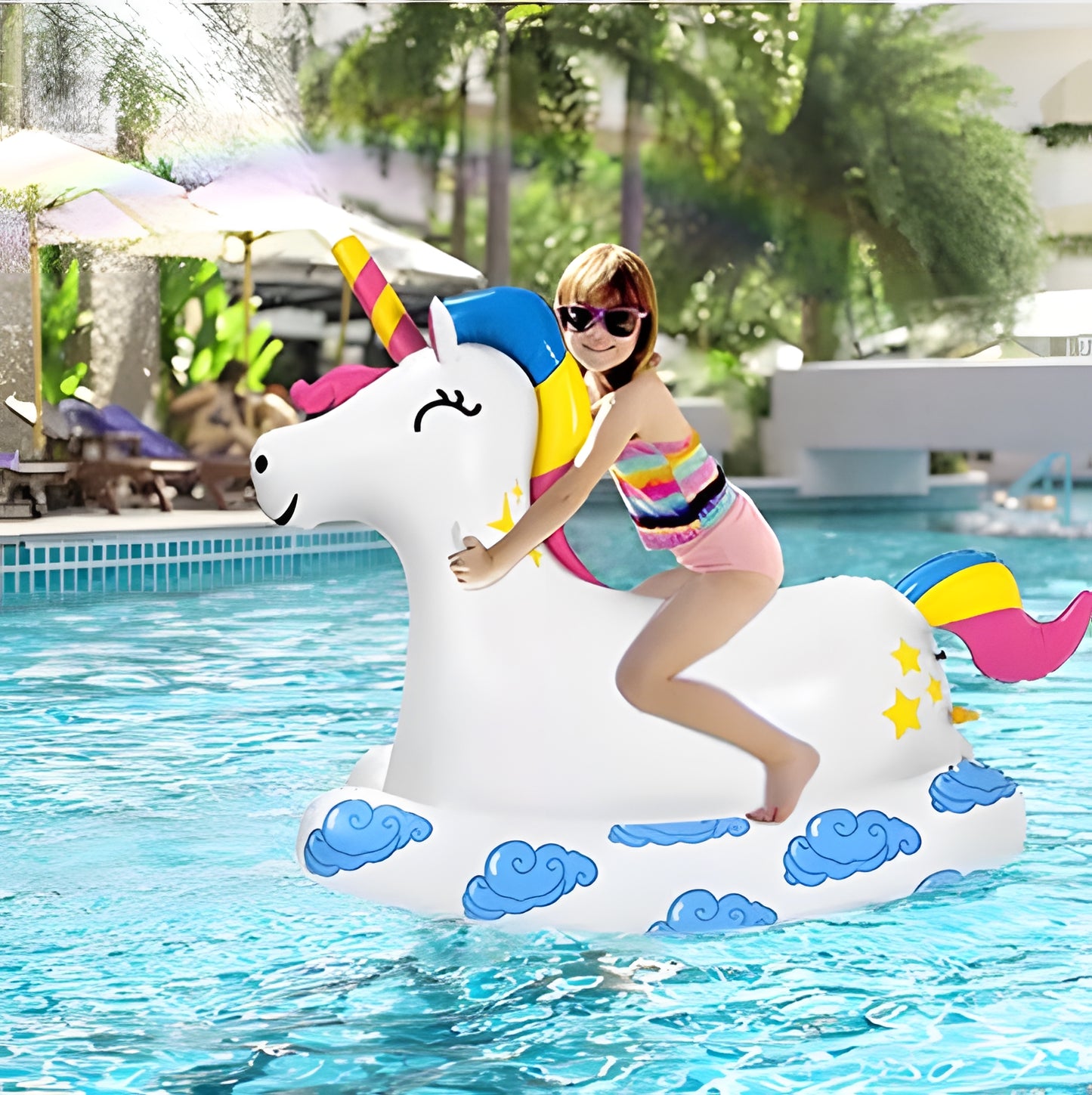 WOWMTN 2-in-1 Giant Unicorn Pool Float Ride-On with Garden Hose Water Sprinkler