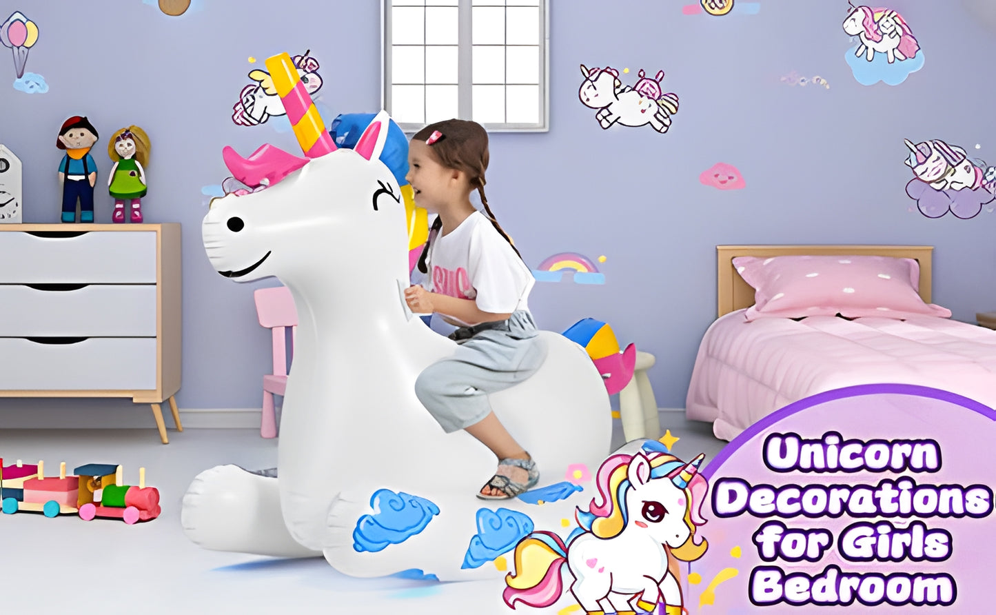 WOWMTN 2-in-1 Giant Unicorn Pool Float Ride-On with Garden Hose Water Sprinkler