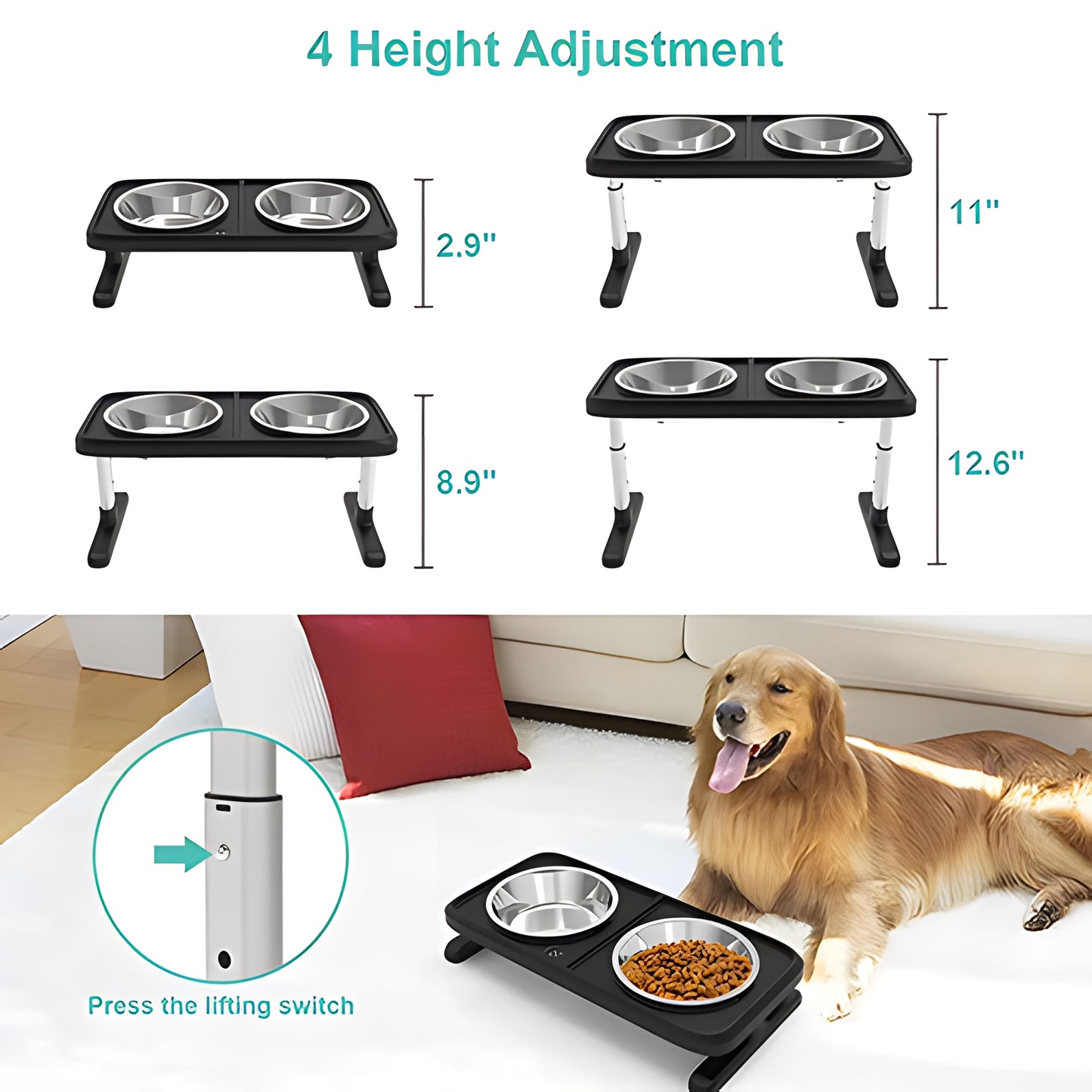 WOWMTN Adjustable Height Raised Pet Stand Feeder with 2 Stainless Steel Bowls