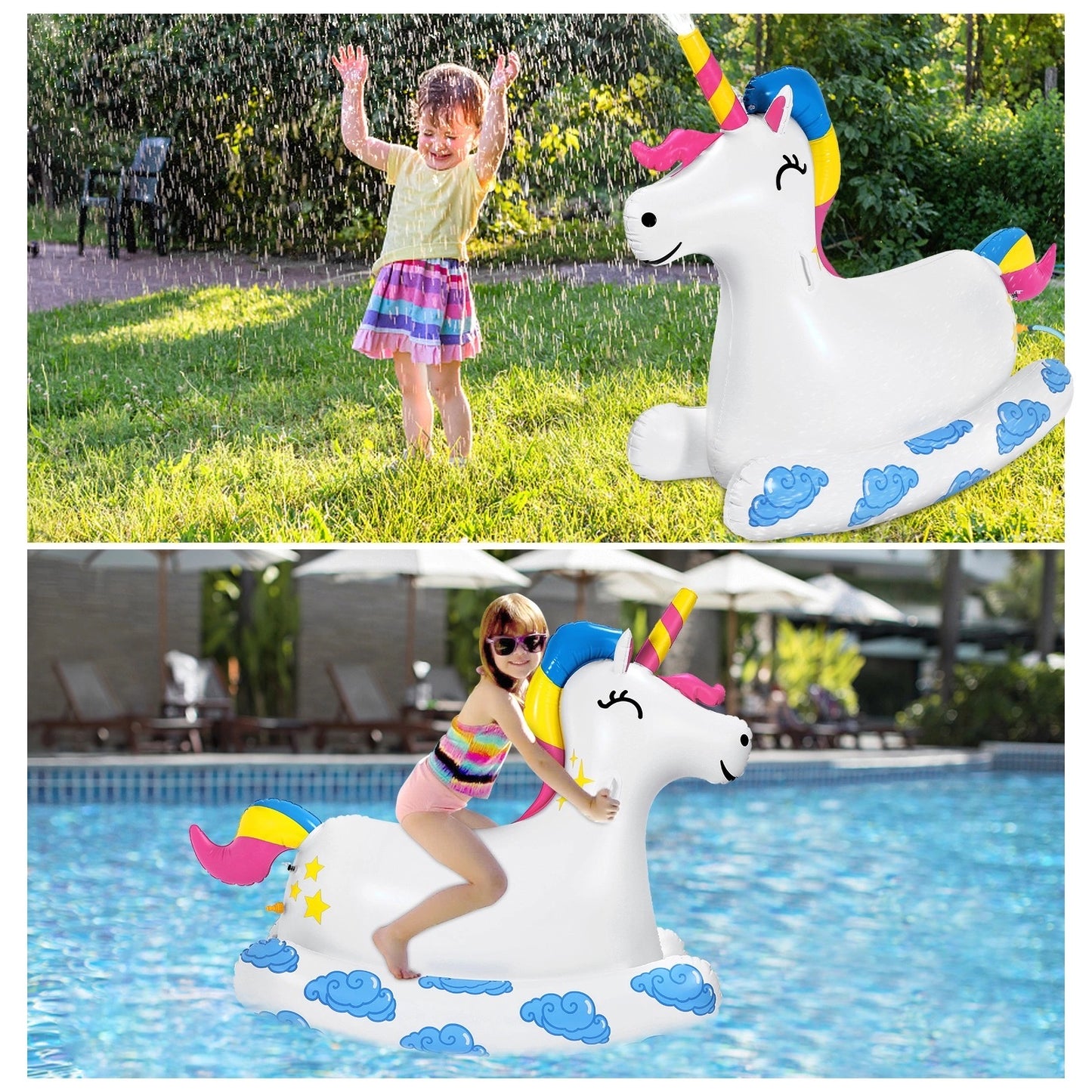 WOWMTN 2-in-1 Giant Unicorn Pool Float Ride-On with Garden Hose Water Sprinkler