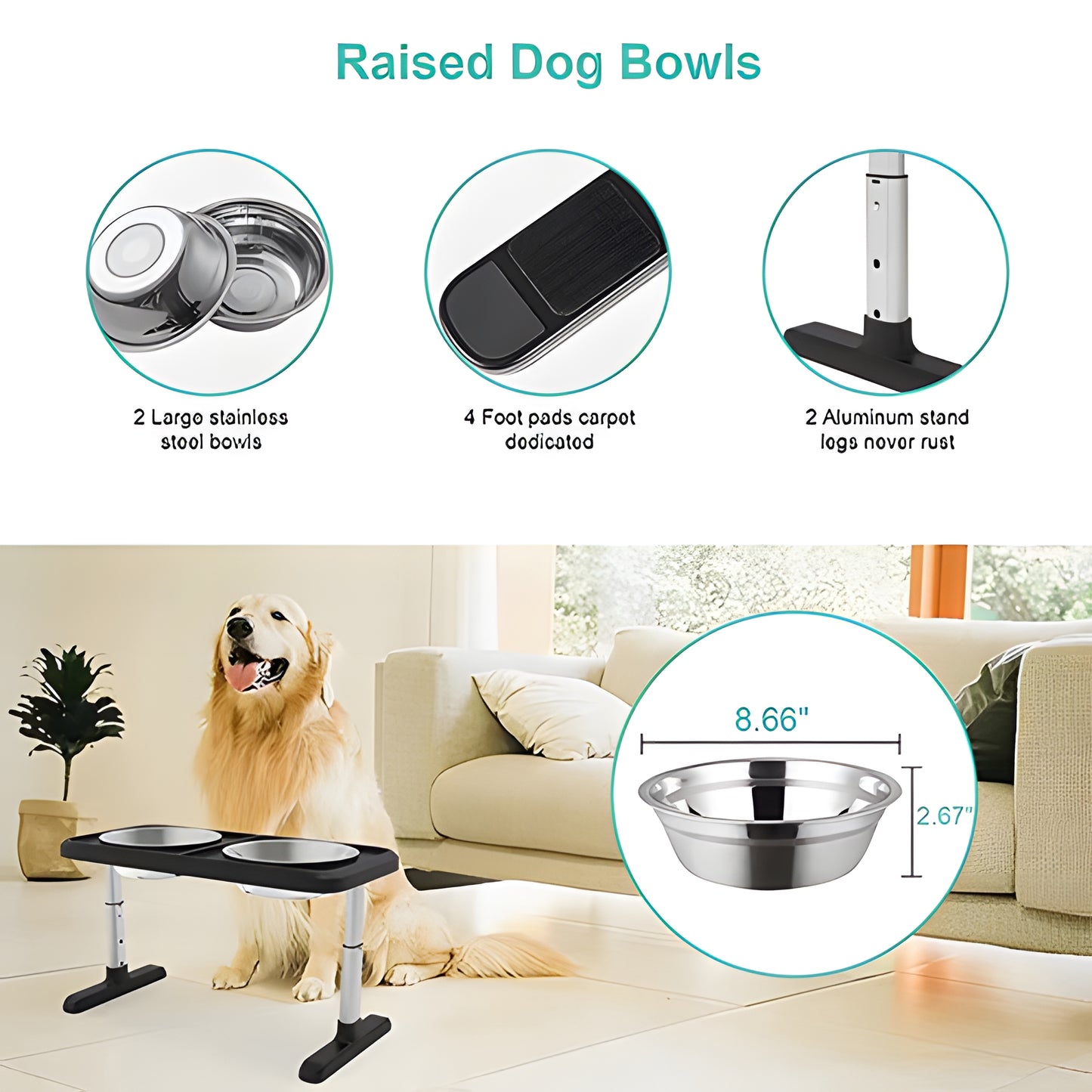 WOWMTN Adjustable Height Raised Pet Stand Feeder with 2 Stainless Steel Bowls