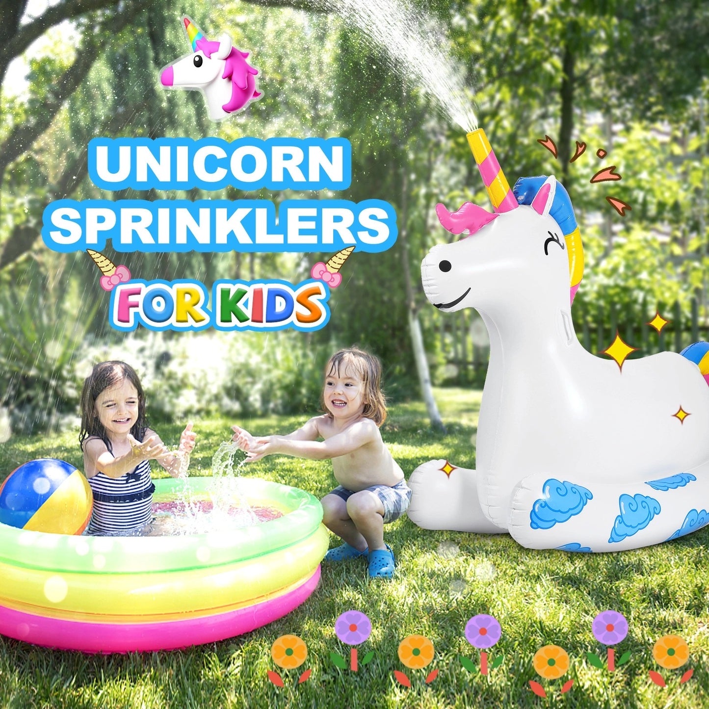 WOWMTN 2-in-1 Giant Unicorn Pool Float Ride-On with Garden Hose Water Sprinkler